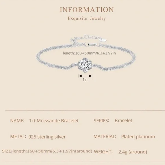 Moissanite Bracelet 1 CT Center Stone 925 Sterling Silver Platinum Plated Chain - Picture 5 of 14